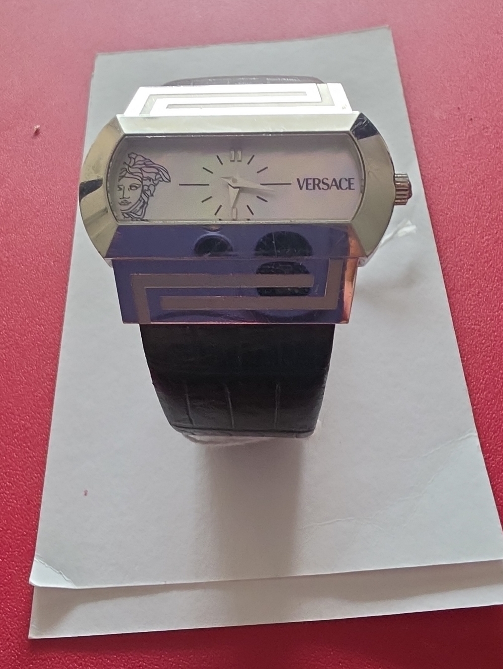 Versace Silver-Tone Case Black Leather Strap Women's Watch with Medusa Dial